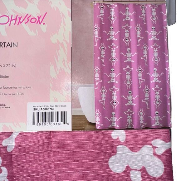 Betsey Johnson Pink Yoga Skeletons Hearts & Skull Shower Curtain Halloween Decor - Picture 5 of 6